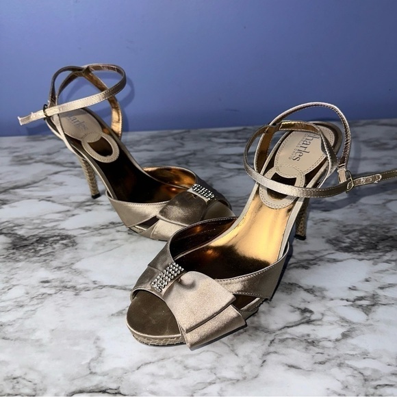 Charles David Shoes - Charles David Formal Gold Heels with Rhinestone Bow Accents